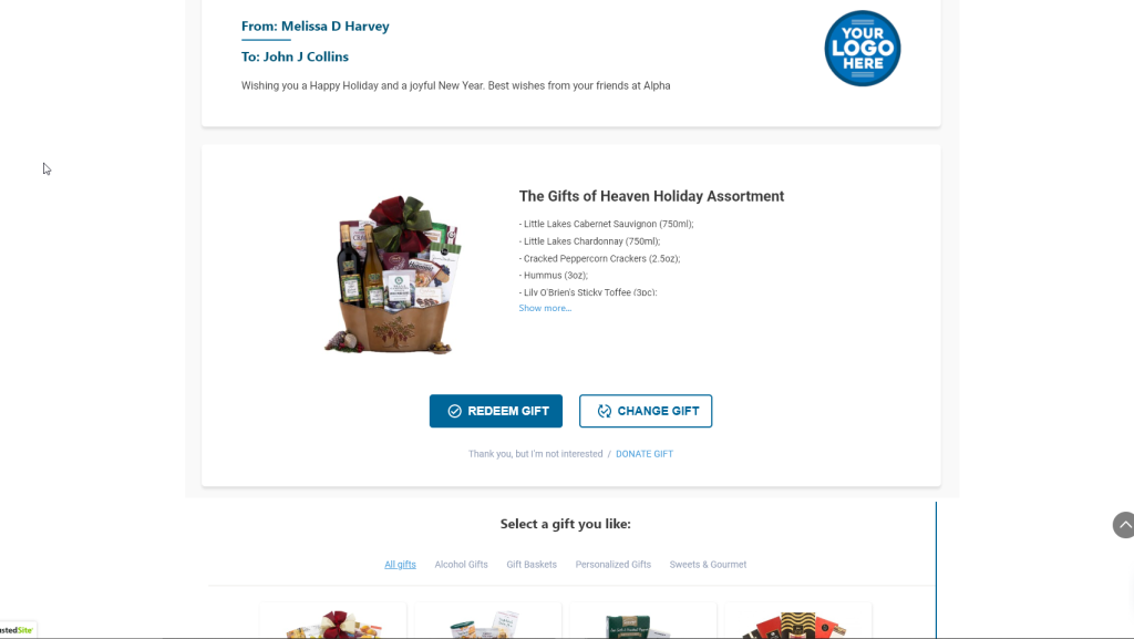 Corporate Holiday Gift Tools - Recipient Address Request & Gift Selections Screen Shot